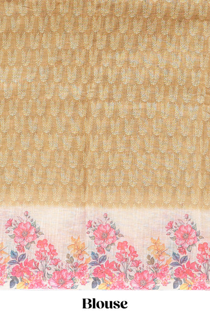 Mustard leaf print linen cotton saree with contrast floral design border and matching blouse