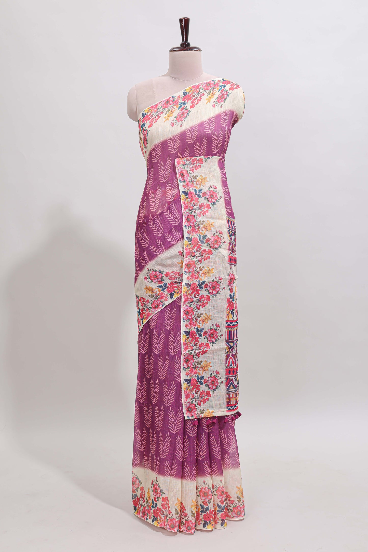 Purple leaf print linen cotton saree with contrast floral design border and matching blouse