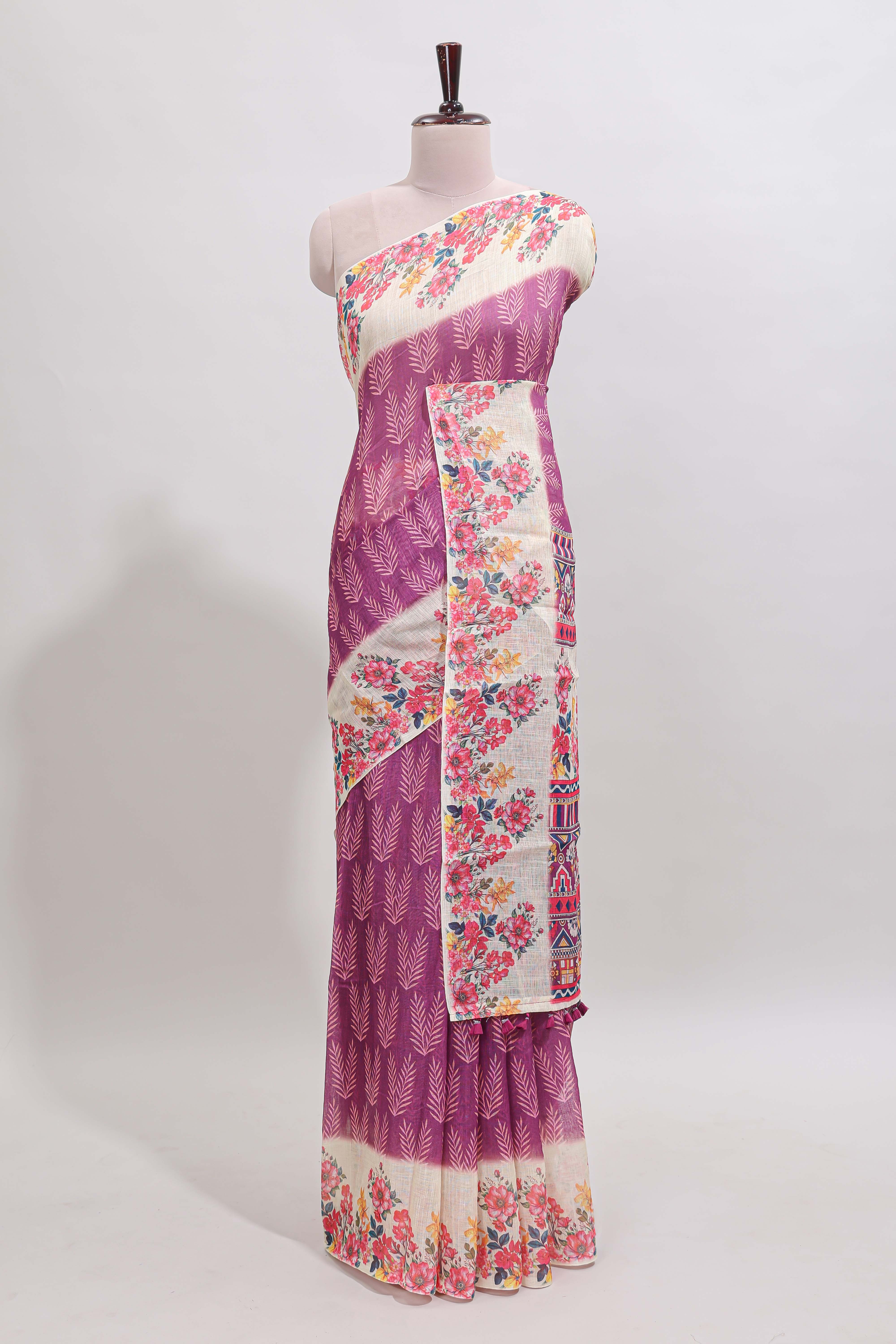 Purple leaf print linen cotton saree with contrast floral design border and matching blouse