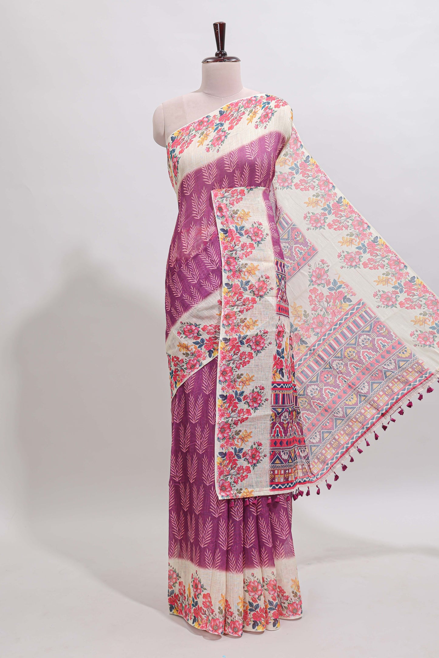 Purple leaf print linen cotton saree with contrast floral design border and matching blouse