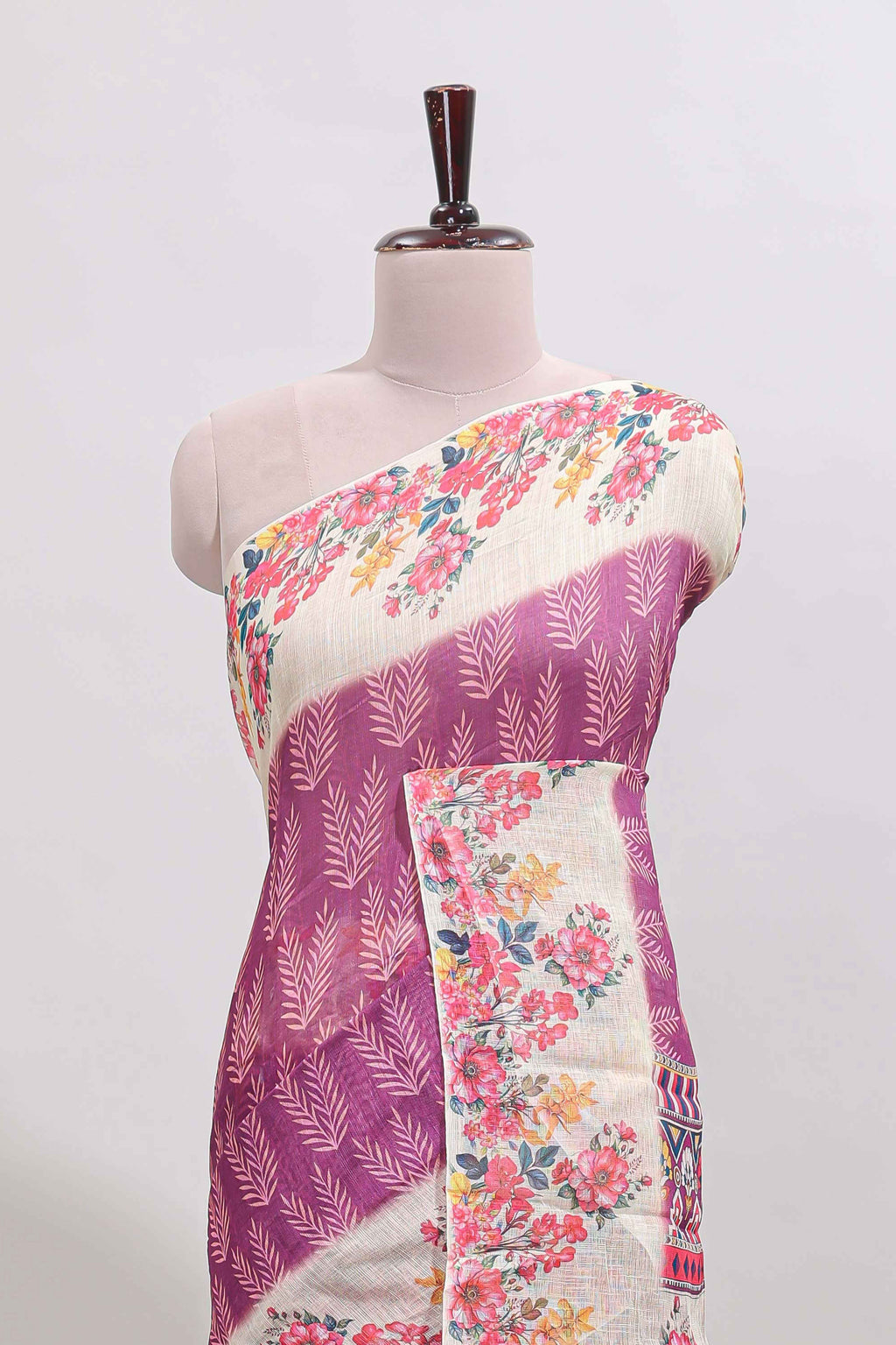 Purple leaf print linen cotton saree with contrast floral design border and matching blouse