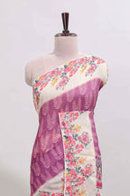 Purple leaf print linen cotton saree with contrast floral design border and matching blouse