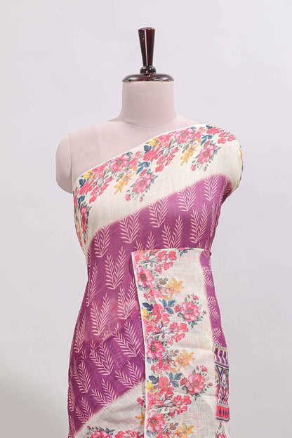 Purple leaf print linen cotton saree with contrast floral design border and matching blouse