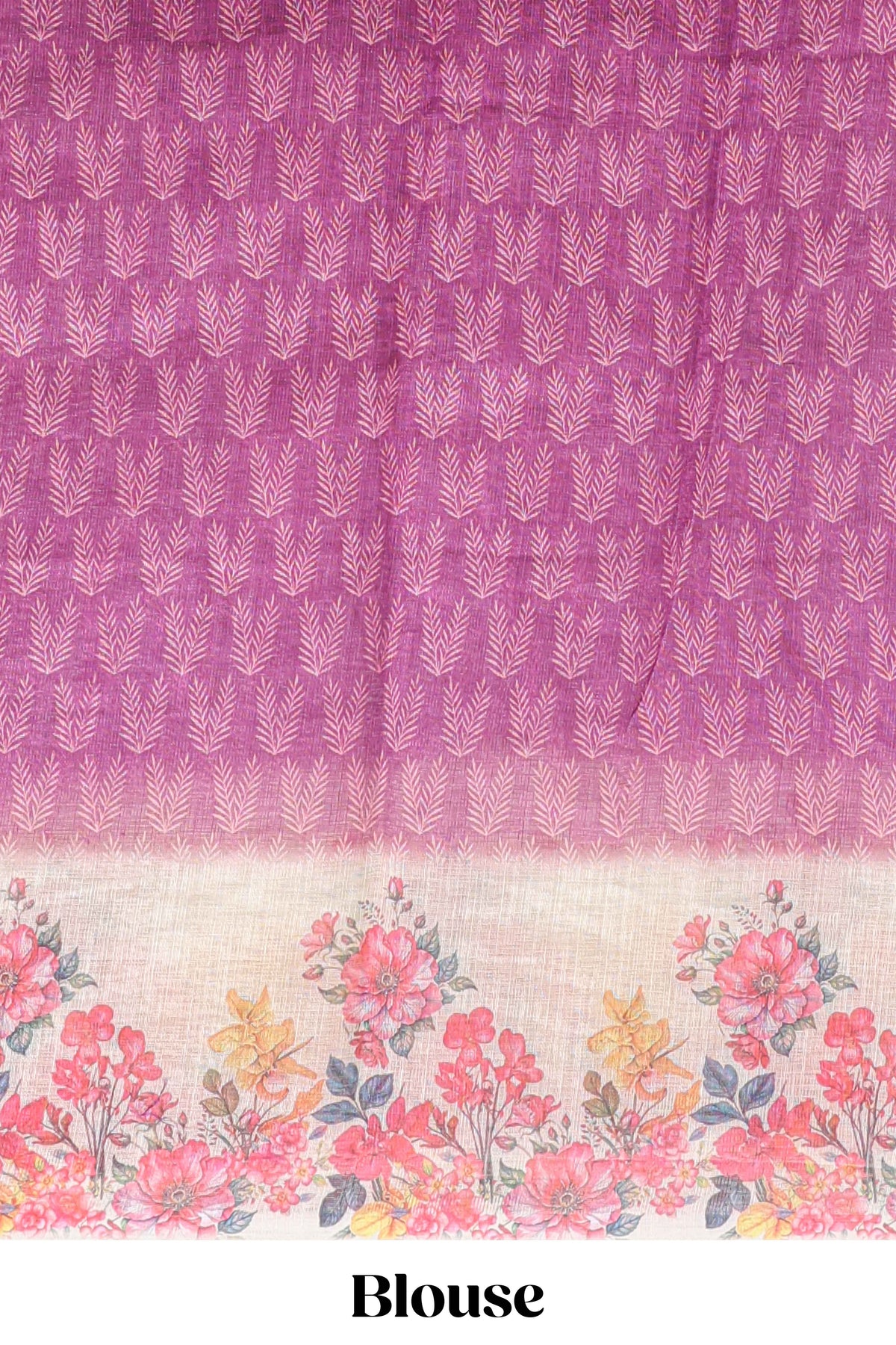 Purple leaf print linen cotton saree with contrast floral design border and matching blouse