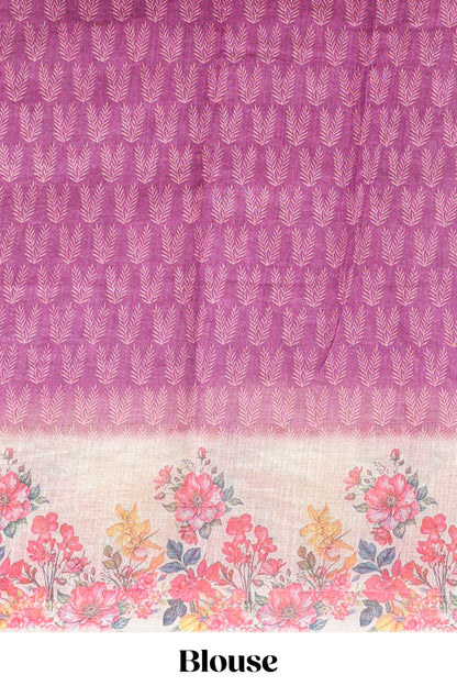 Purple leaf print linen cotton saree with contrast floral design border and matching blouse