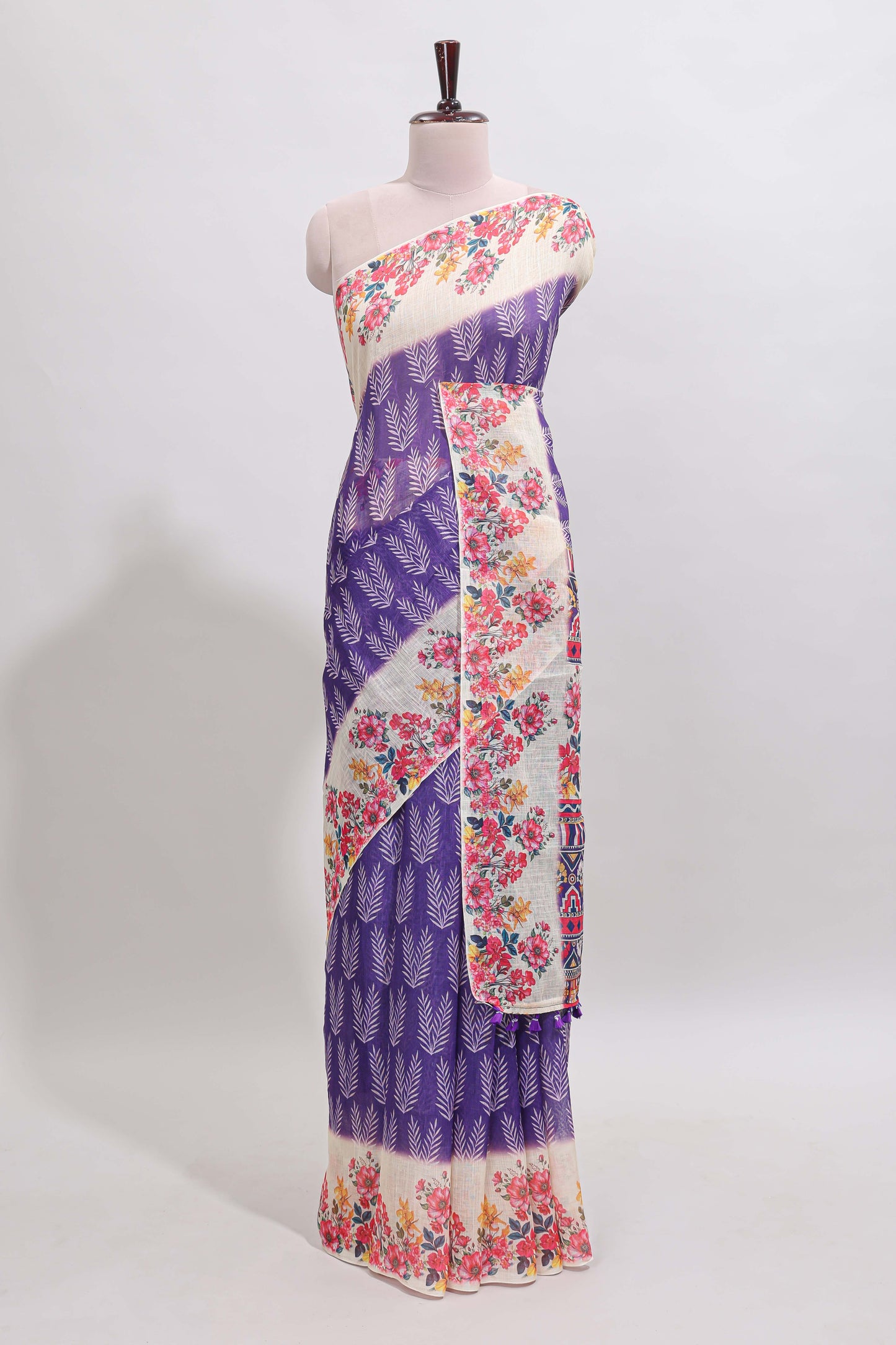Violet leaf print linen cotton saree with contrast floral design border and matching blouse