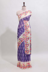Violet leaf print linen cotton saree with contrast floral design border and matching blouse