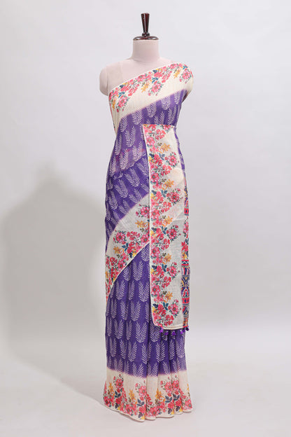 Violet leaf print linen cotton saree with contrast floral design border and matching blouse