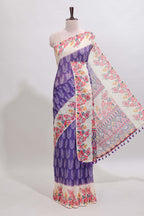 Violet leaf print linen cotton saree with contrast floral design border and matching blouse