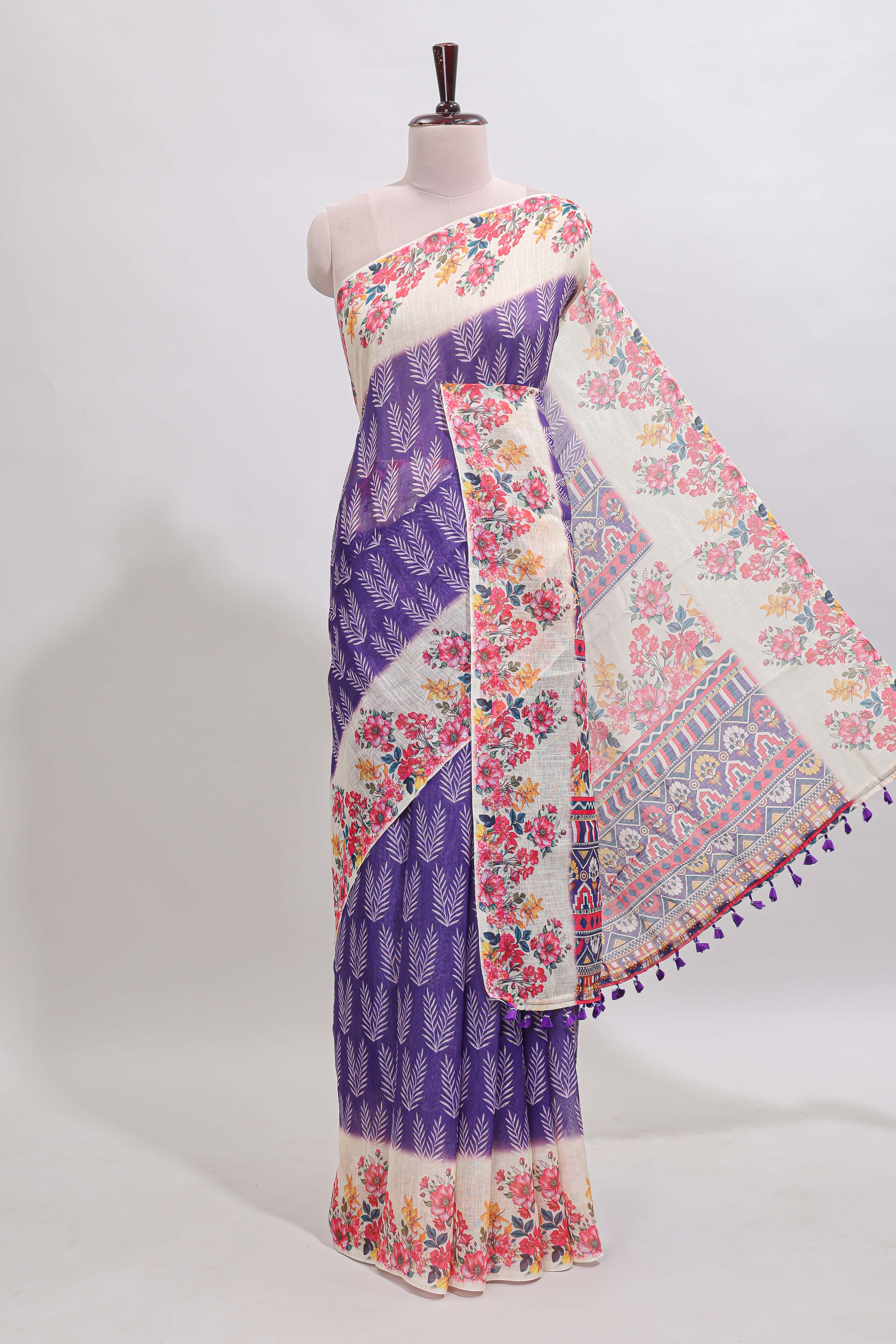 Violet leaf print linen cotton saree with contrast floral design border and matching blouse