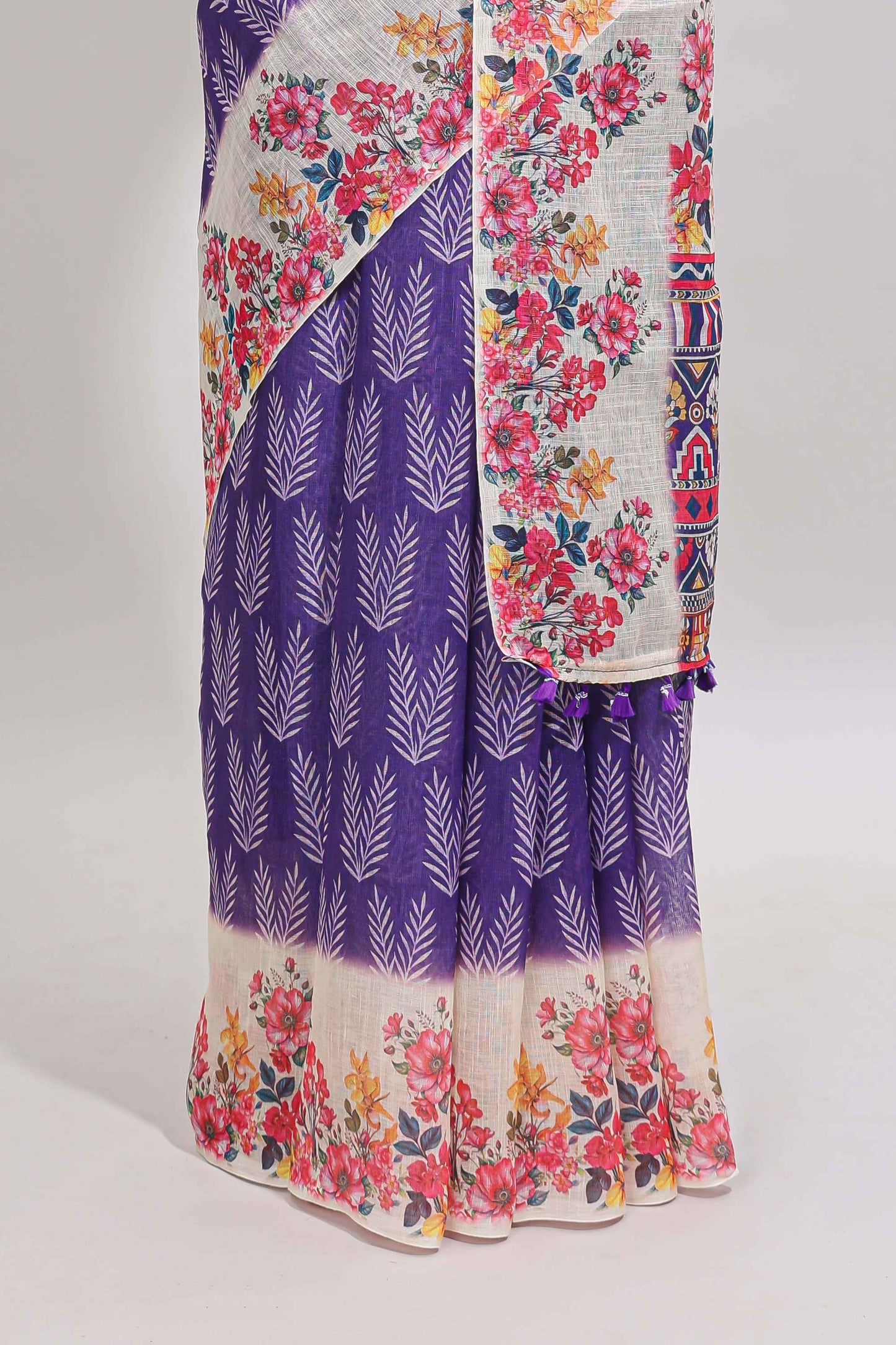 Violet leaf print linen cotton saree with contrast floral design border and matching blouse