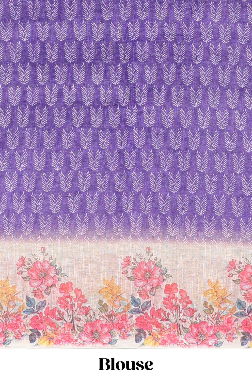 Violet leaf print linen cotton saree with contrast floral design border and matching blouse