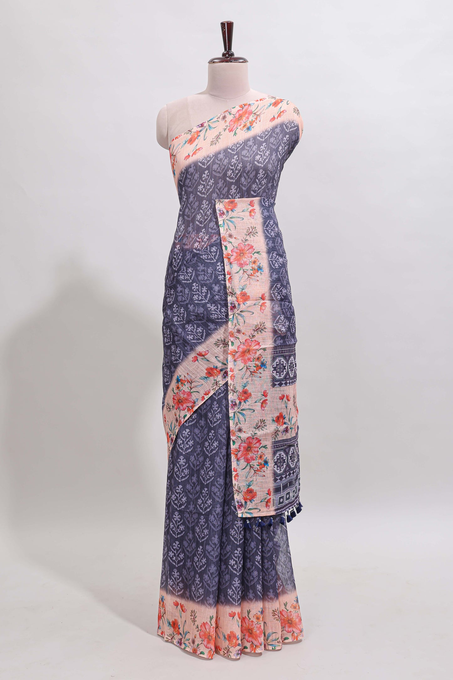 Blue floral design linen cotton saree with contrast floral design border and matching blouse