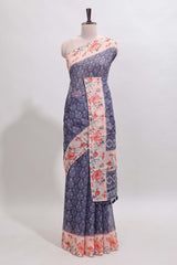 Blue floral design linen cotton saree with contrast floral design border and matching blouse