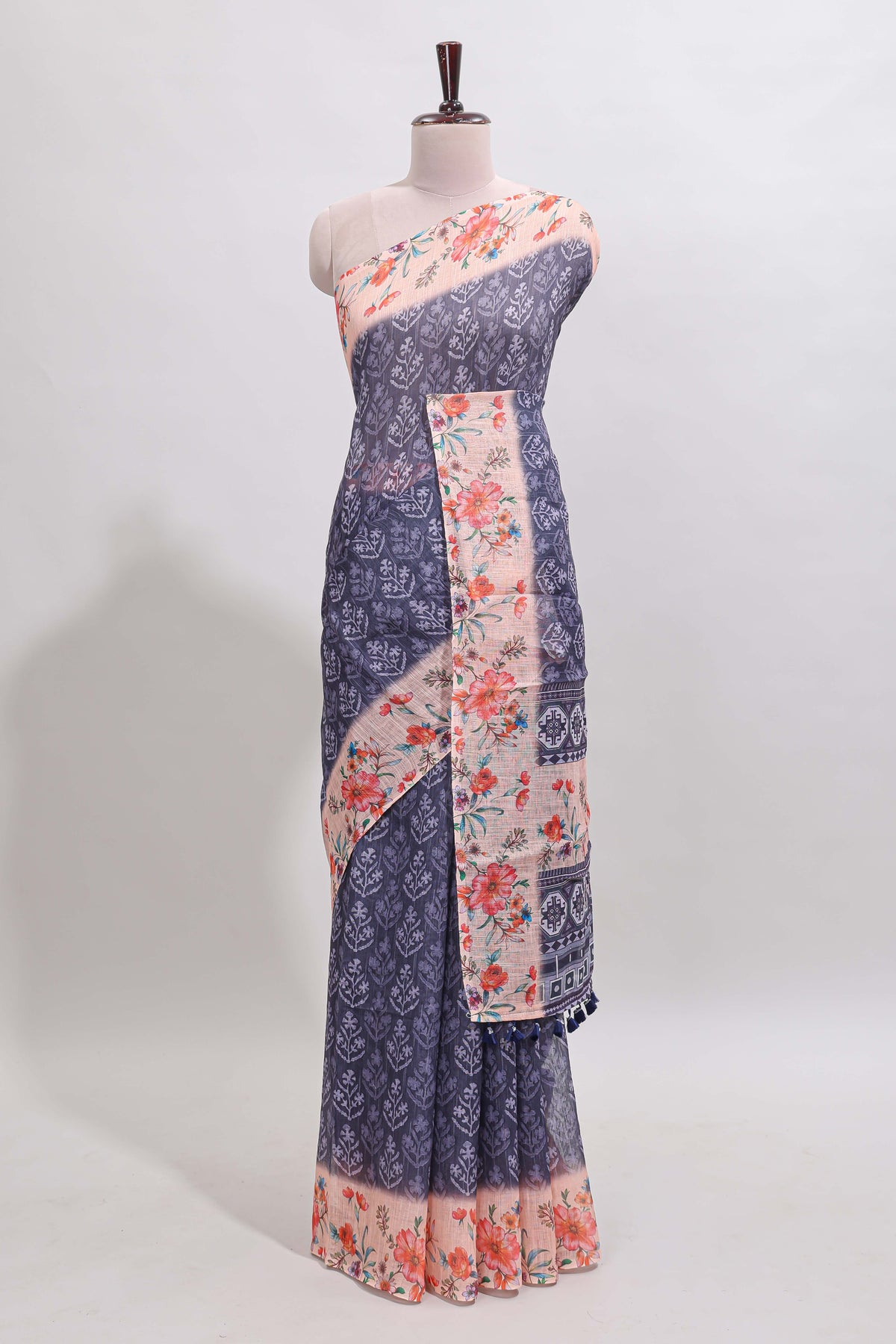 Blue floral design linen cotton saree with contrast floral design border and matching blouse