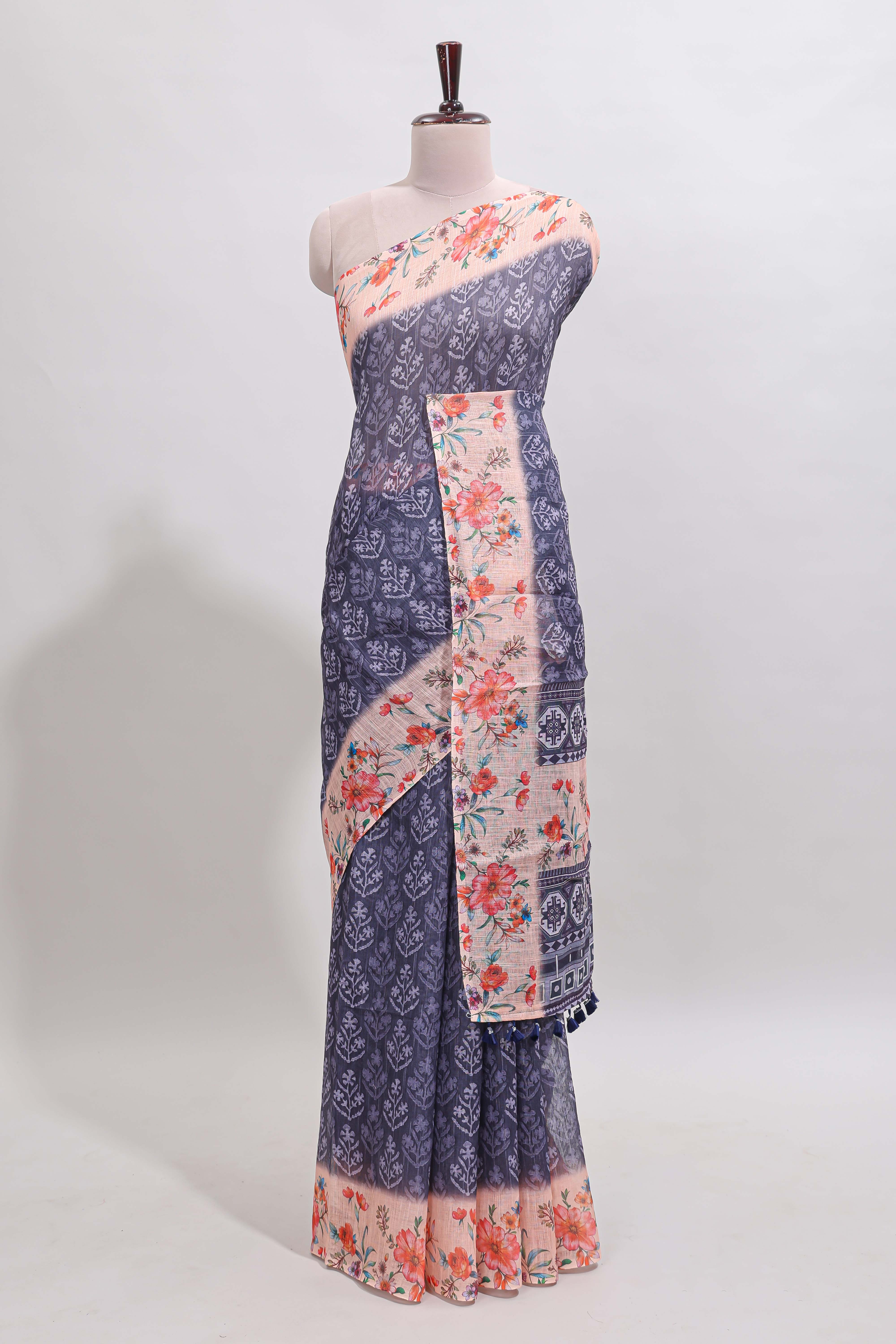 Blue floral design linen cotton saree with contrast floral design border and matching blouse