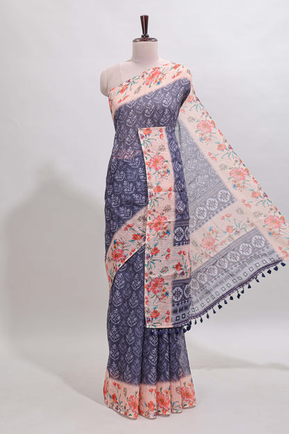 Blue floral design linen cotton saree with contrast floral design border and matching blouse