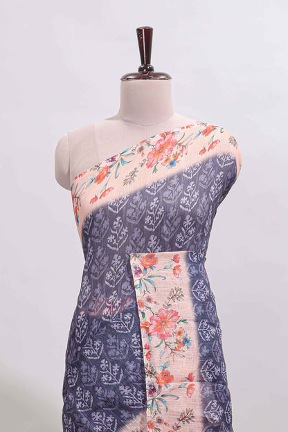 Blue floral design linen cotton saree with contrast floral design border and matching blouse
