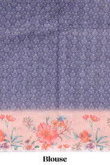 Blue floral design linen cotton saree with contrast floral design border and matching blouse