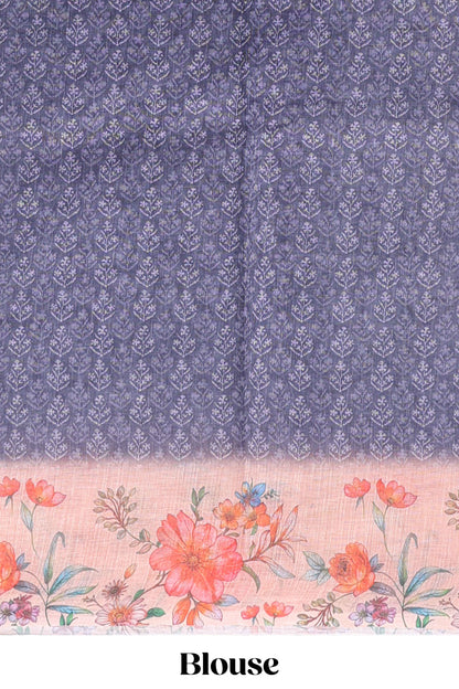 Blue floral design linen cotton saree with contrast floral design border and matching blouse
