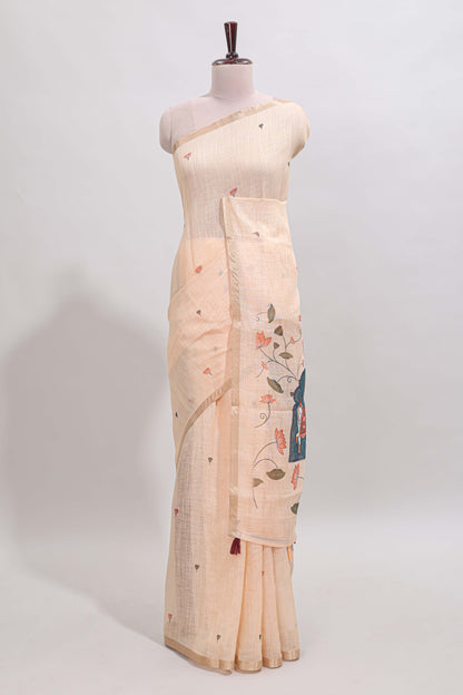 Cream floral design linen cotton saree with self zari border, matching pallu and contrast blouse