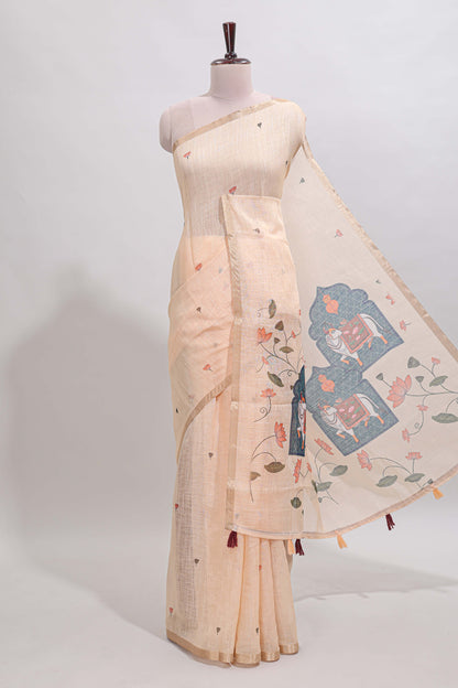 Cream floral design linen cotton saree with self zari border, matching pallu and contrast blouse
