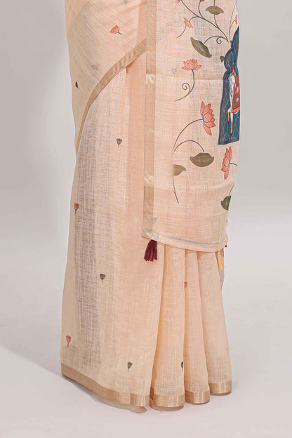Cream floral design linen cotton saree with self zari border, matching pallu and contrast blouse