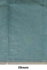 Green floral design linen cotton saree with self zari border, matching pallu and contrast blouse