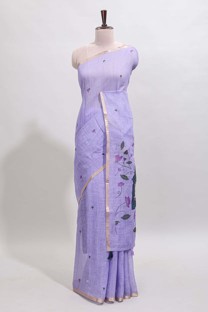 Lavender floral design linen cotton saree with self zari border, matching pallu and contrast blouse