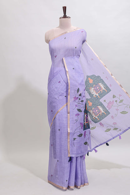 Lavender floral design linen cotton saree with self zari border, matching pallu and contrast blouse