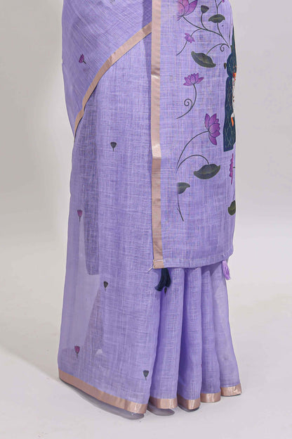 Lavender floral design linen cotton saree with self zari border, matching pallu and contrast blouse