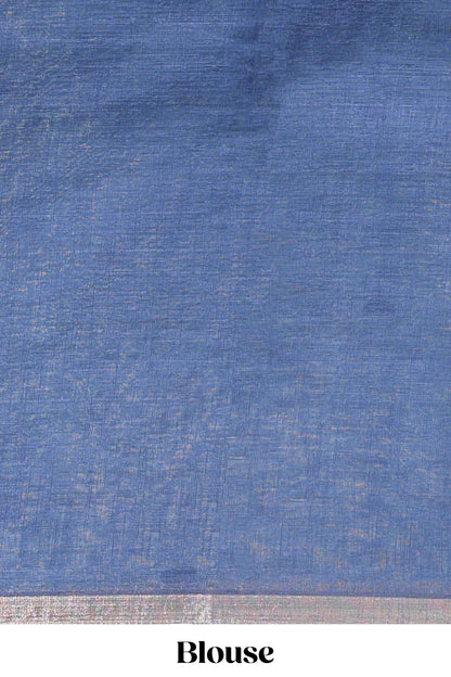Blue floral design linen cotton saree with self zari border, matching pallu and contrast blouse