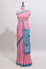 Pink geometric design linen cotton saree with contrast zari border and pallu