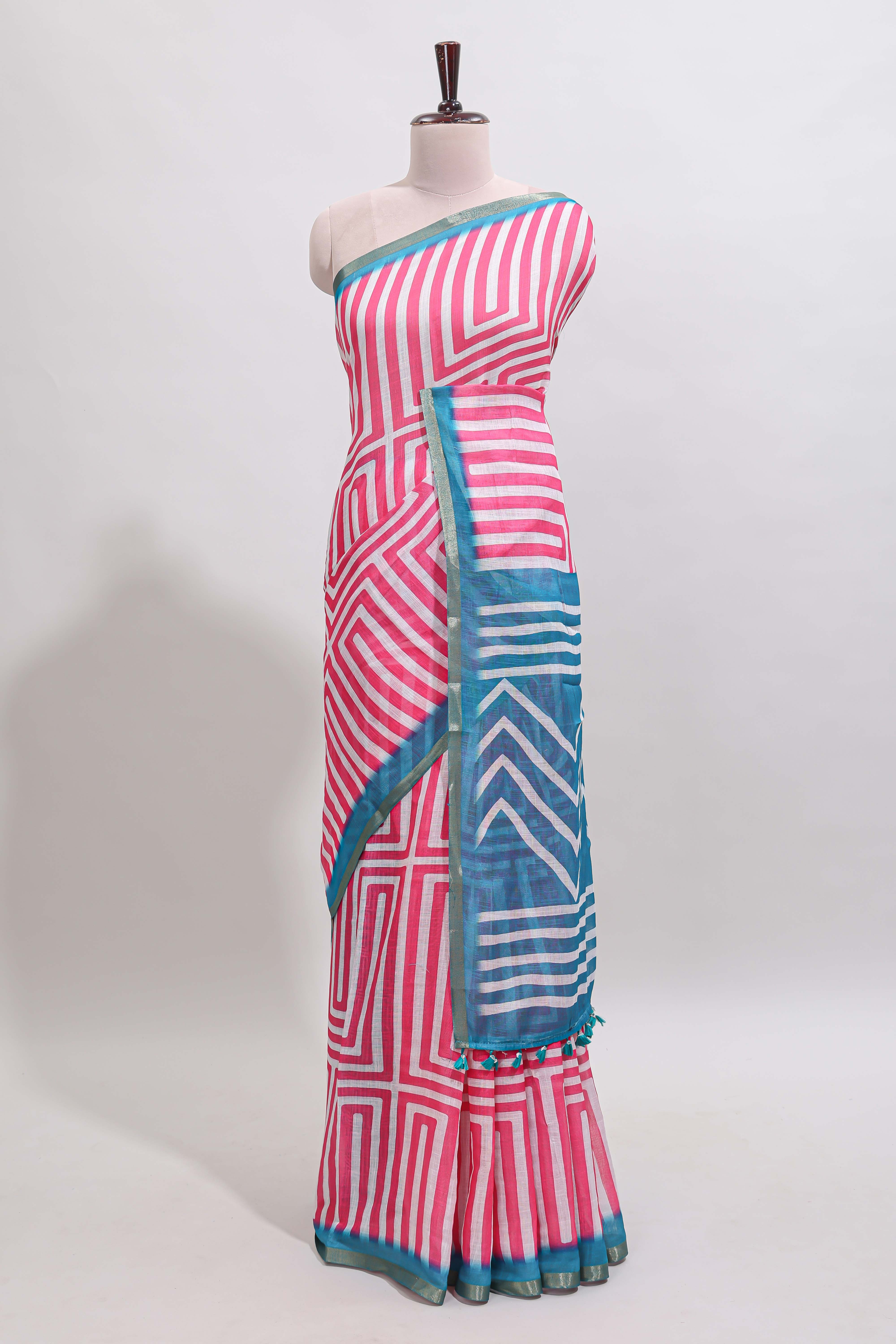 Pink geometric design linen cotton saree with contrast zari border and pallu