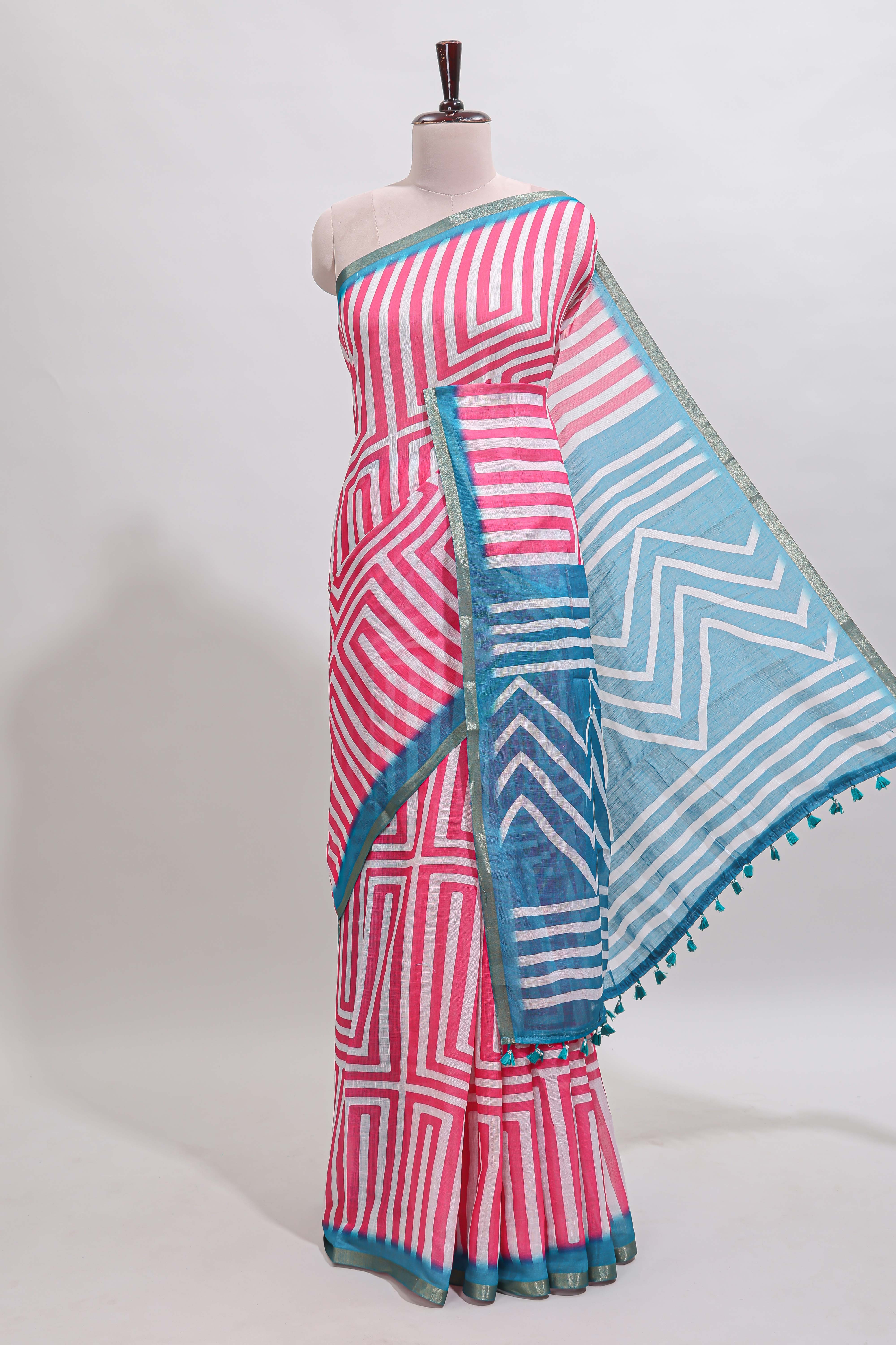Pink geometric design linen cotton saree with contrast zari border and pallu