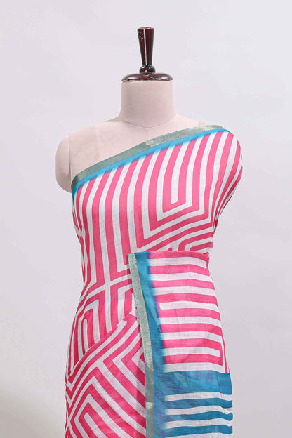 Pink geometric design linen cotton saree with contrast zari border and pallu