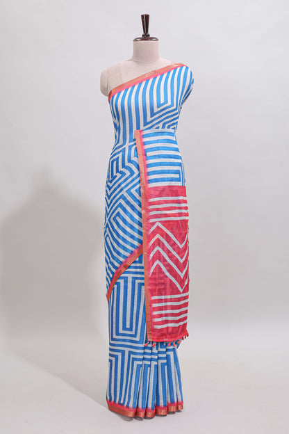 Sky blue geometric design linen cotton saree with contrast zari border and pallu
