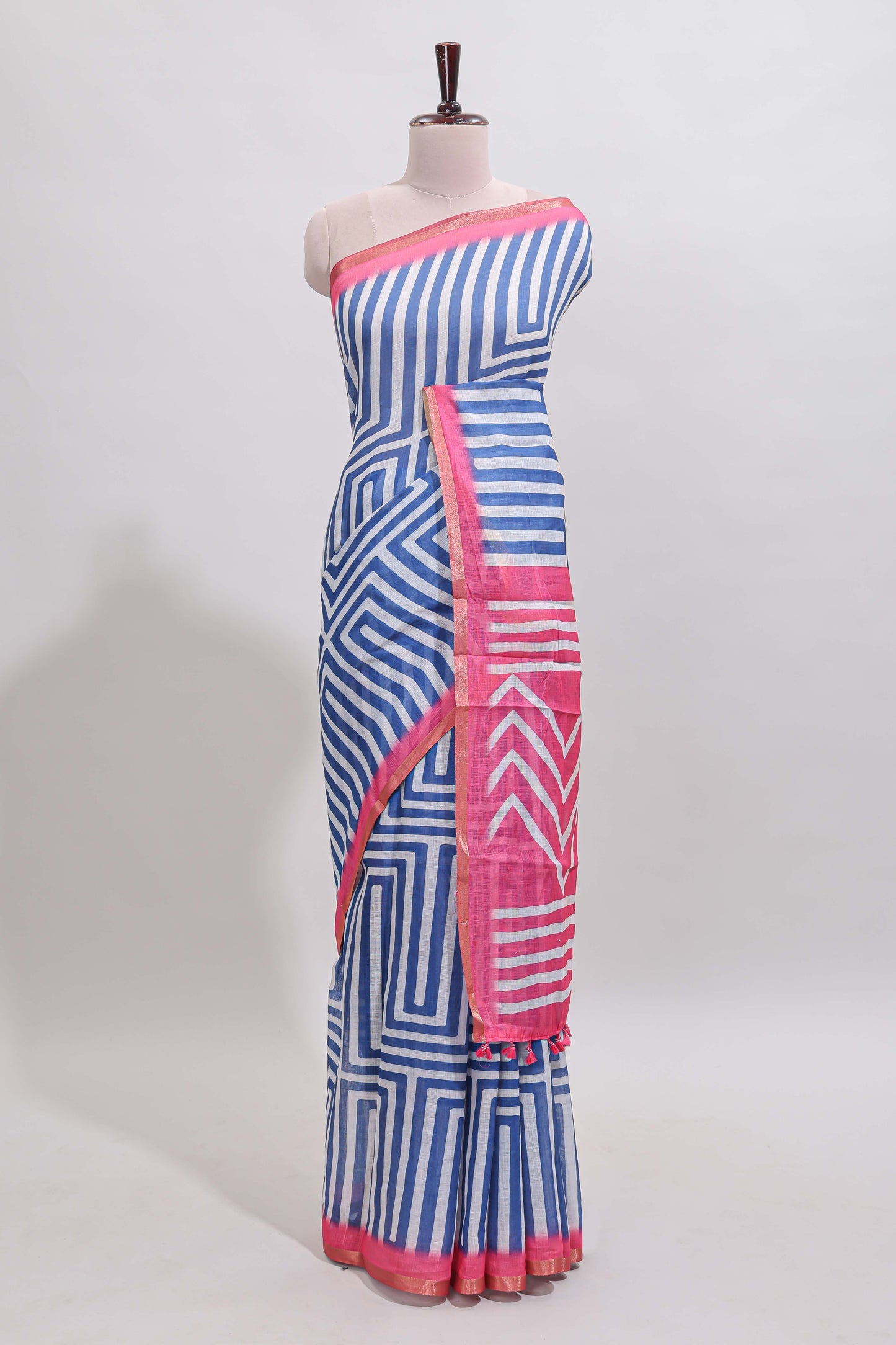 Blue geometric design linen cotton saree with contrast zari border and pallu
