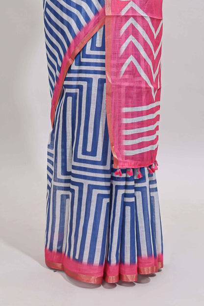 Blue geometric design linen cotton saree with contrast zari border and pallu