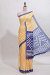 Yellow geometric design linen cotton saree with contrast zari border and pallu