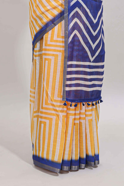 Yellow geometric design linen cotton saree with contrast zari border and pallu