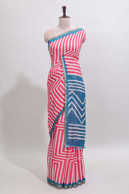 Peach geometric design linen cotton saree with contrast zari border and pallu