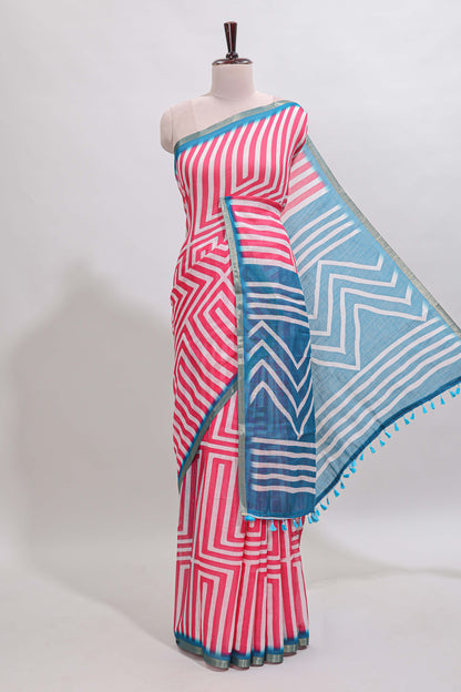 Peach geometric design linen cotton saree with contrast zari border and pallu