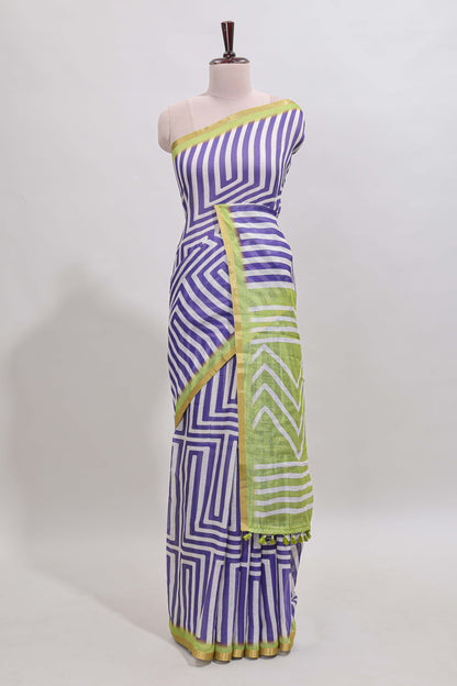 Violet geometric design linen cotton saree with contrast zari border and pallu
