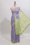 Violet geometric design linen cotton saree with contrast zari border and pallu