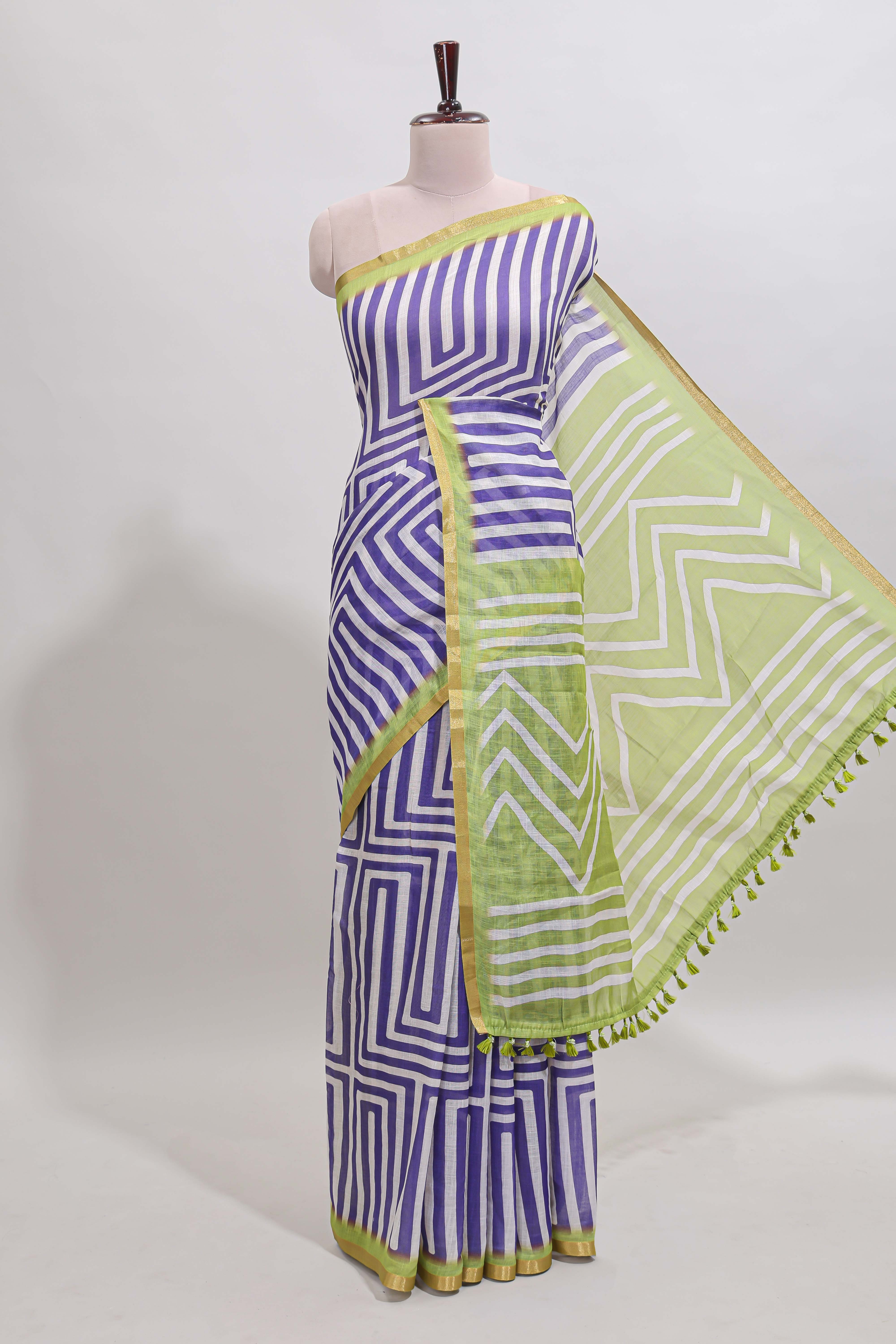 Violet geometric design linen cotton saree with contrast zari border and pallu