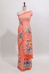 Orange checked floral design linen cotton saree with self zari border and matching blouse