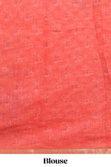 Orange checked floral design linen cotton saree with self zari border and matching blouse