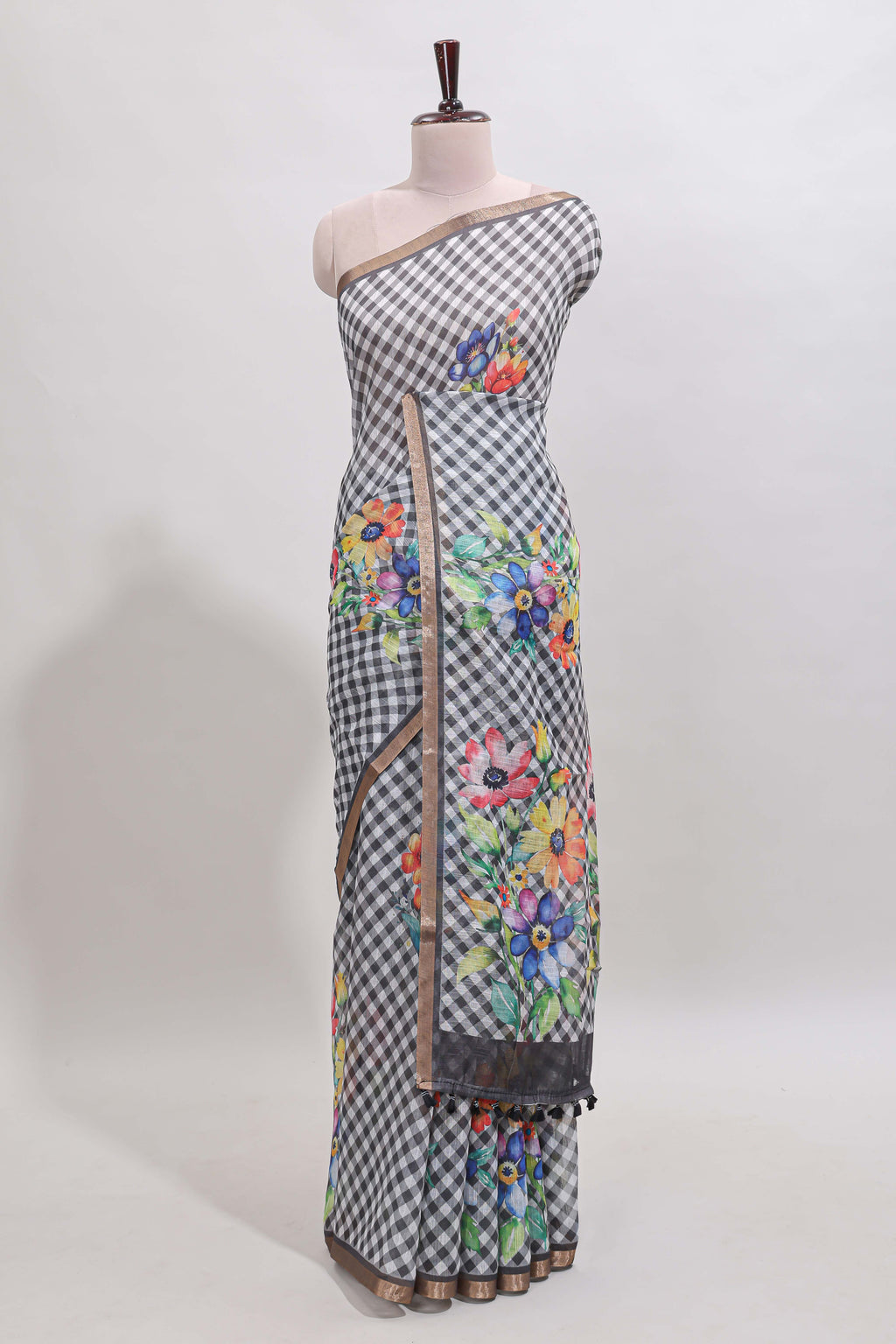Grey checked floral design linen cotton saree with self zari border and matching blouse