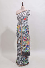 Grey checked floral design linen cotton saree with self zari border and matching blouse